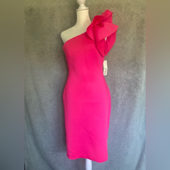 Eliza J Dresses & Skirts - Eliza J One-Shoulder Fuchsia Sheath Dress with Statement Bow